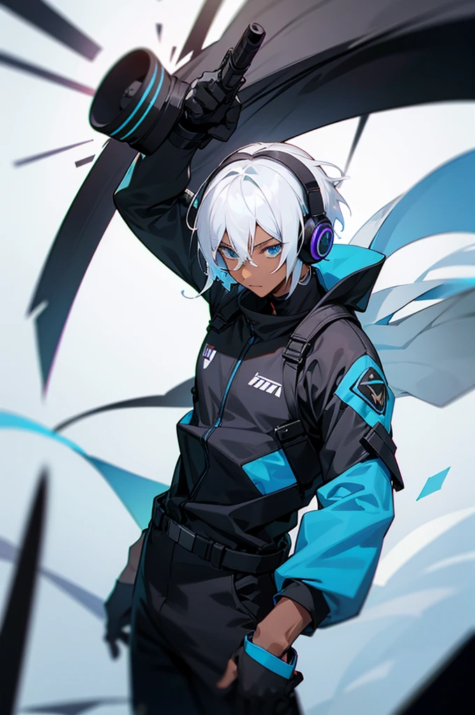 Young adult, Male, white hair, blue Eyes, African American Dark skin color, black jumpsuit, headphones, Trion Body, Armed.