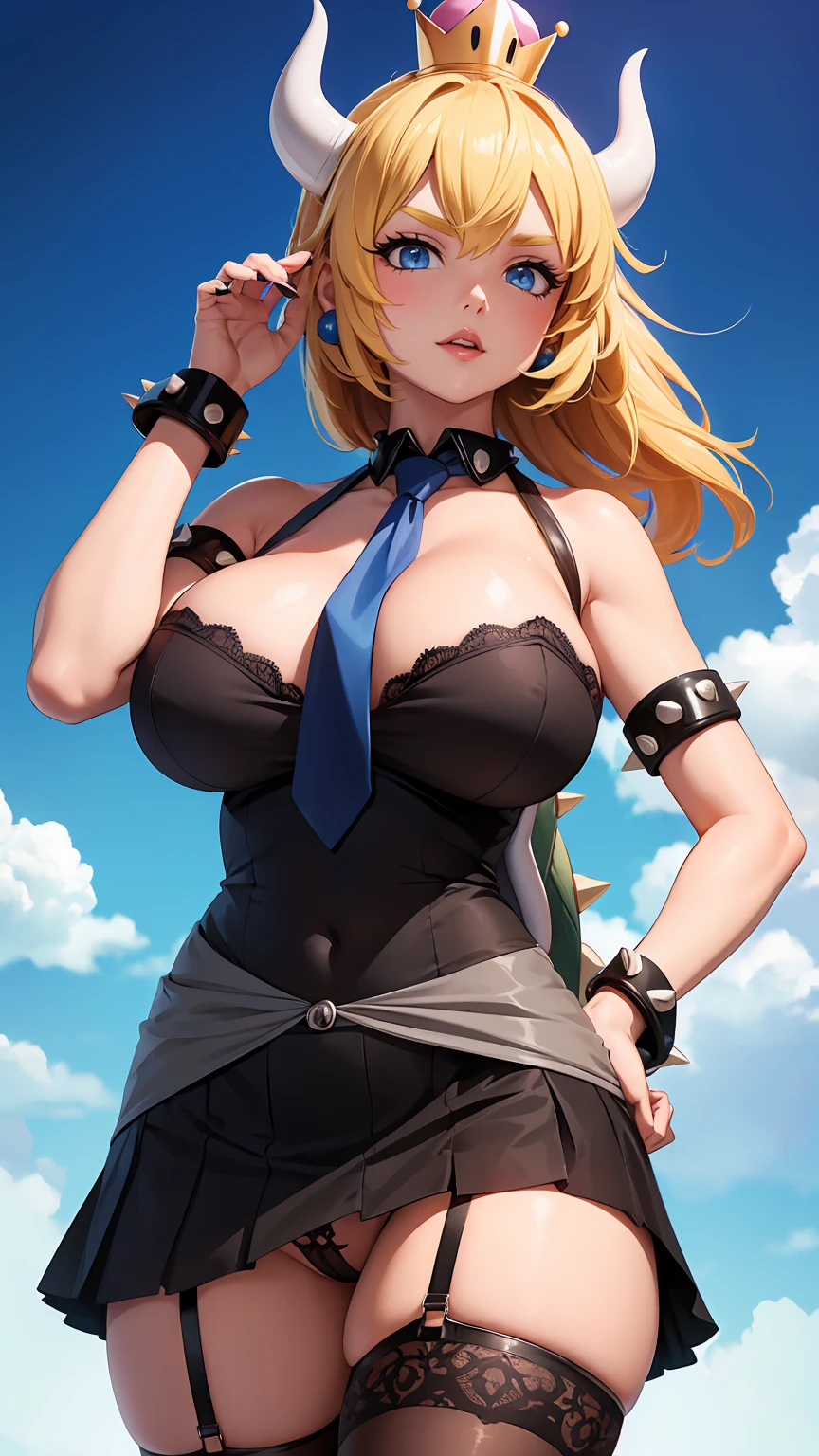 (best quality). (Ultra Detalhado). (1girl), Olhando para o Viewer. (Antecedentes detalhados). belos olhos detalhados. rosto delicado e bonito. (high saturation), seios grandes, droopy breasts, (((sexy high school outfit))), (((short skirt, tie, lingerie))), (((gigantic breasts))), crown on a head