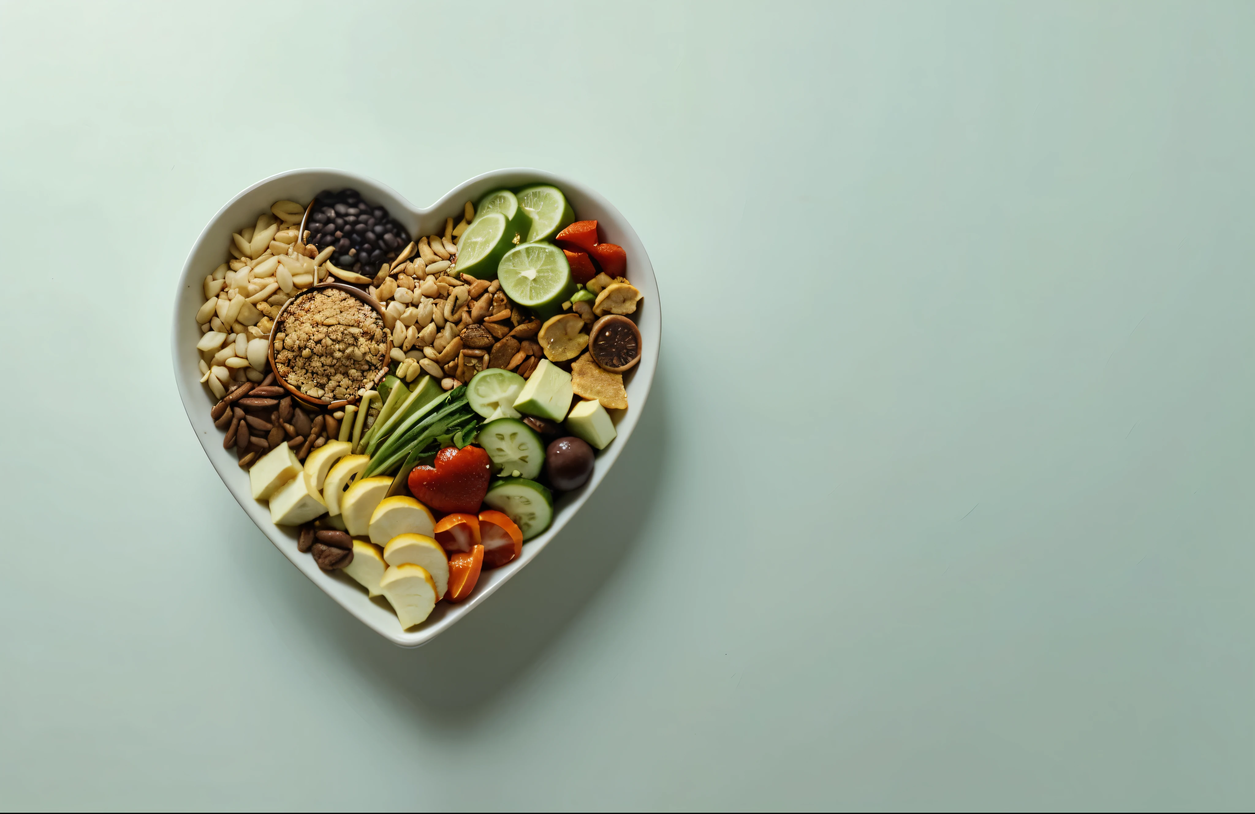 Diet food for health with heart bowl. Baner, place for text.