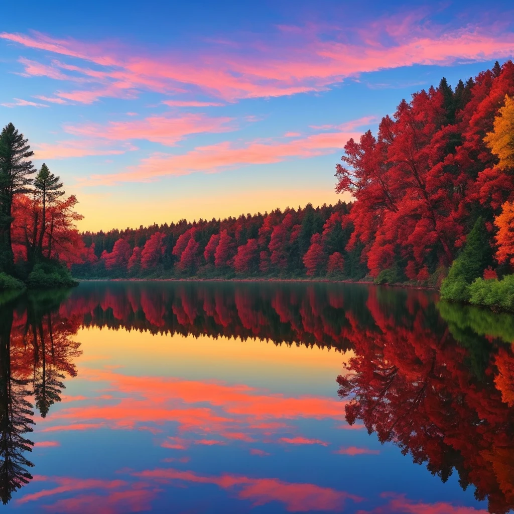 there is a beautiful forest with a lake and trees in the background, colorful skies, surreal colors, colorful sunset, colorful sky, marvellous reflection of the sky, stunning sky, dream like atmosphere 8k, colorful clouds, colors reflecting on lake, surreal sky, red and blue reflections, fire reflection, beautiful sky, beautiful and spectacular dusk, beautiful dreamy landscape, amazing sky