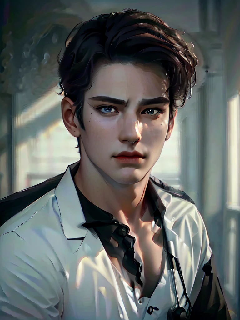 a 40 year old man (red short hair:1.0), grey eyes, moles all over the face, wearing an official uniform, masculinity, teacher, (best quality,4k,8k,highres,masterpiece:1.2),ultra-detailed,(realistic,photorealistic,photo-realistic:1.37),cinematic lighting,highly detailed face and body,sharp focus,vivid colors,anime style