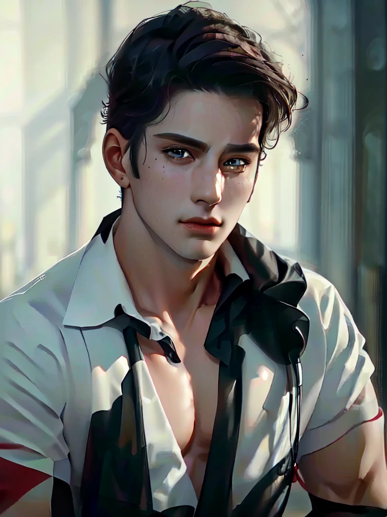 a 40 year old man (red short hair:1.0), grey eyes, moles all over the face, wearing an official uniform, masculinity, teacher, (best quality,4k,8k,highres,masterpiece:1.2),ultra-detailed,(realistic,photorealistic,photo-realistic:1.37),cinematic lighting,highly detailed face and body,sharp focus,vivid colors,anime style