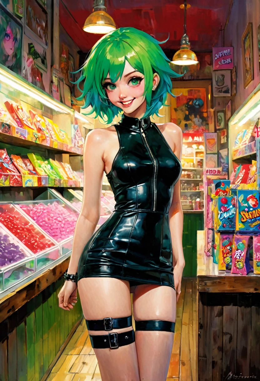 masterpiece, best quality, a girl with green hair in the middle of a small candy store, sexy and naughty smile, punk look, tight leather dress, pronounced nipples, lifts her skirt, exposed pussy, eroticism, anime, high quality , simple oil painting in the style of Bill Sienkiewicz