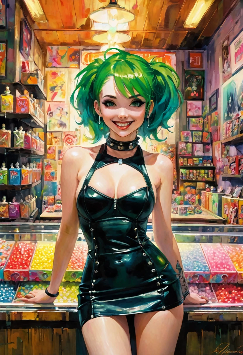 masterpiece, best quality, a girl with green hair in the middle of a small candy store, sexy and naughty smile, punk look, tight leather dress, pronounced nipples, lifts her skirt, exposed pussy, eroticism, anime, high quality , simple oil painting in the style of Bill Sienkiewicz
