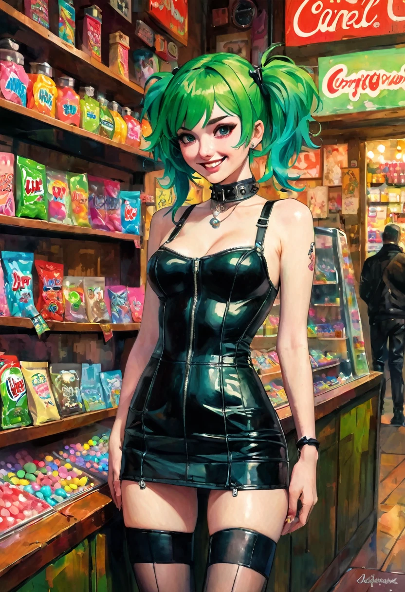 masterpiece, best quality, a girl with green hair in the middle of a small candy store, sexy and naughty smile, punk look, tight leather dress, pronounced nipples, lifts her skirt, exposed pussy, eroticism, anime, high quality , simple oil painting in the style of Bill Sienkiewicz
