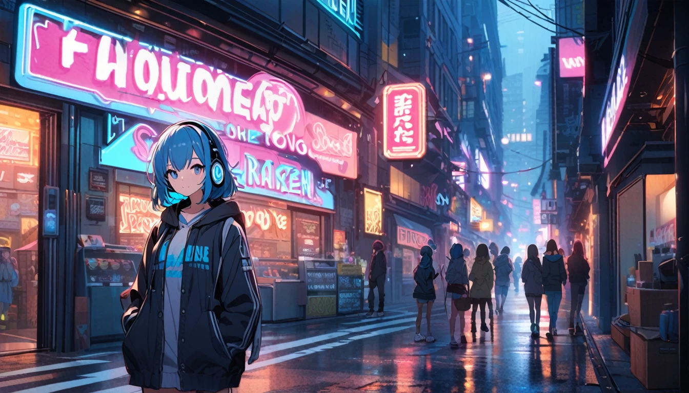 blue-haired girl, hoodie, headphones, neon signs, streets, blue-moon