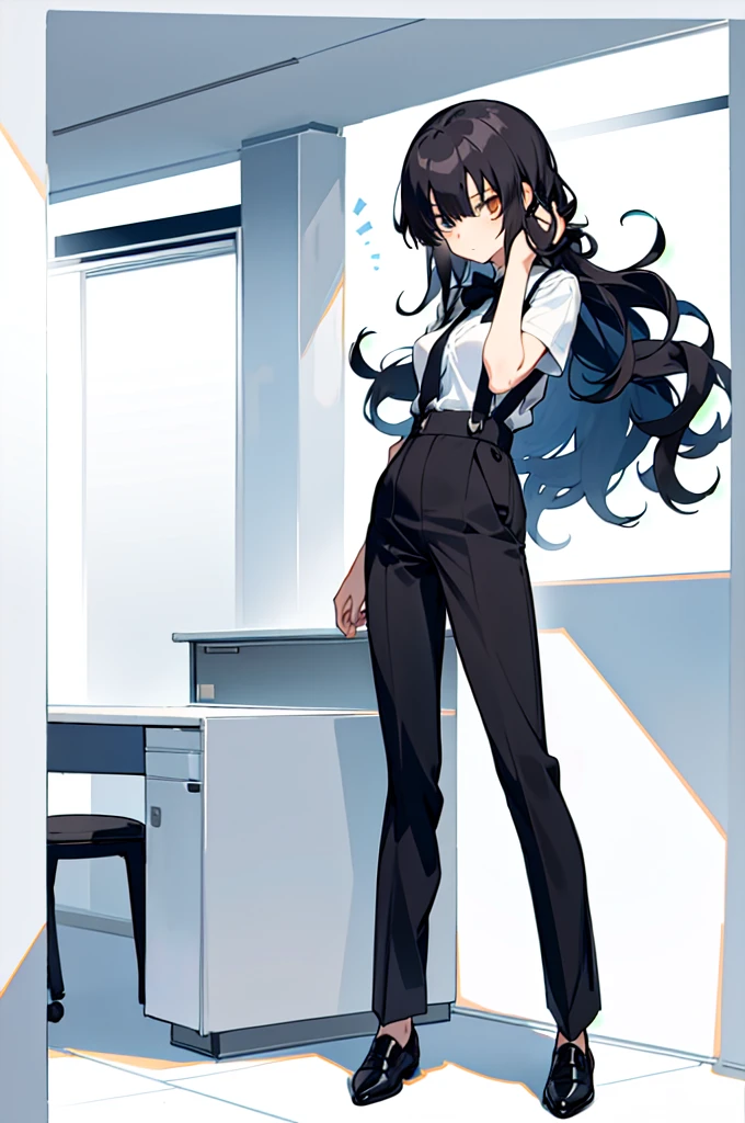 (((shy girl))), (((1 Girl))), (((standing up))), (((full body))), ((small breasts)), ((((Urabe Mikoto Mysterious Girlfriend X anime style haircut)))), (((long hair bangs covering her eyes))), (((((eyes hiding behind hair))))), (((black wavy hair))), ((((black high-waist long slacks)))), ((black suspenders)), (((black tie))), (((women's dress shirt))), ((women's dress shoes)), ((20-year-old Office Lady)), ((Office Setting)).