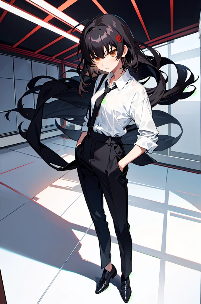 (((shy girl))), (((1 Girl))), (((standing up))), (((full body))), ((small breasts)), ((((Urabe Mikoto Mysterious Girlfriend X anime style haircut)))), (((long hair bangs covering her eyes))), (((((eyes hiding behind hair))))), (((black wavy hair))), ((((black high-waist long slacks)))), ((black suspenders)), (((black tie))), (((women's dress shirt))), ((women's dress shoes)), ((20-year-old Office Lady)), ((Office Setting)).