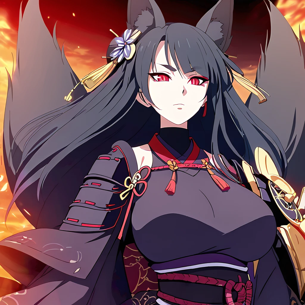 a beautiful detailed black kitsune girl, long black kitsune ears, multiple black kitsune tails, red and black Shogun armor, 8k, anime style, red eyes, big breasts, extremely detailed eyes and face, ultra-detailed, 4k, high quality, vibrant colors, long black hair, mature woman, wide waist