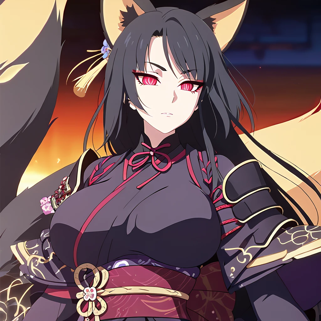 a beautiful detailed black kitsune girl, long black kitsune ears, multiple black kitsune tails, red and black Shogun armor, 8k, anime style, red eyes, big breasts, extremely detailed eyes and face, ultra-detailed, 4k, high quality, vibrant colors, long black hair, mature woman, wide waist