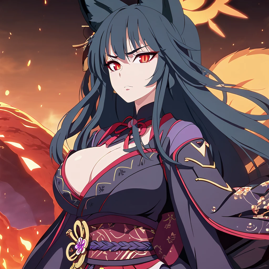 a beautiful detailed black kitsune girl, long black kitsune ears, multiple black kitsune tails, red and black Shogun armor, 8k, anime style, red eyes, big breasts, extremely detailed eyes and face, ultra-detailed, 4k, high quality, vibrant colors, long black hair, mature woman, wide waist
