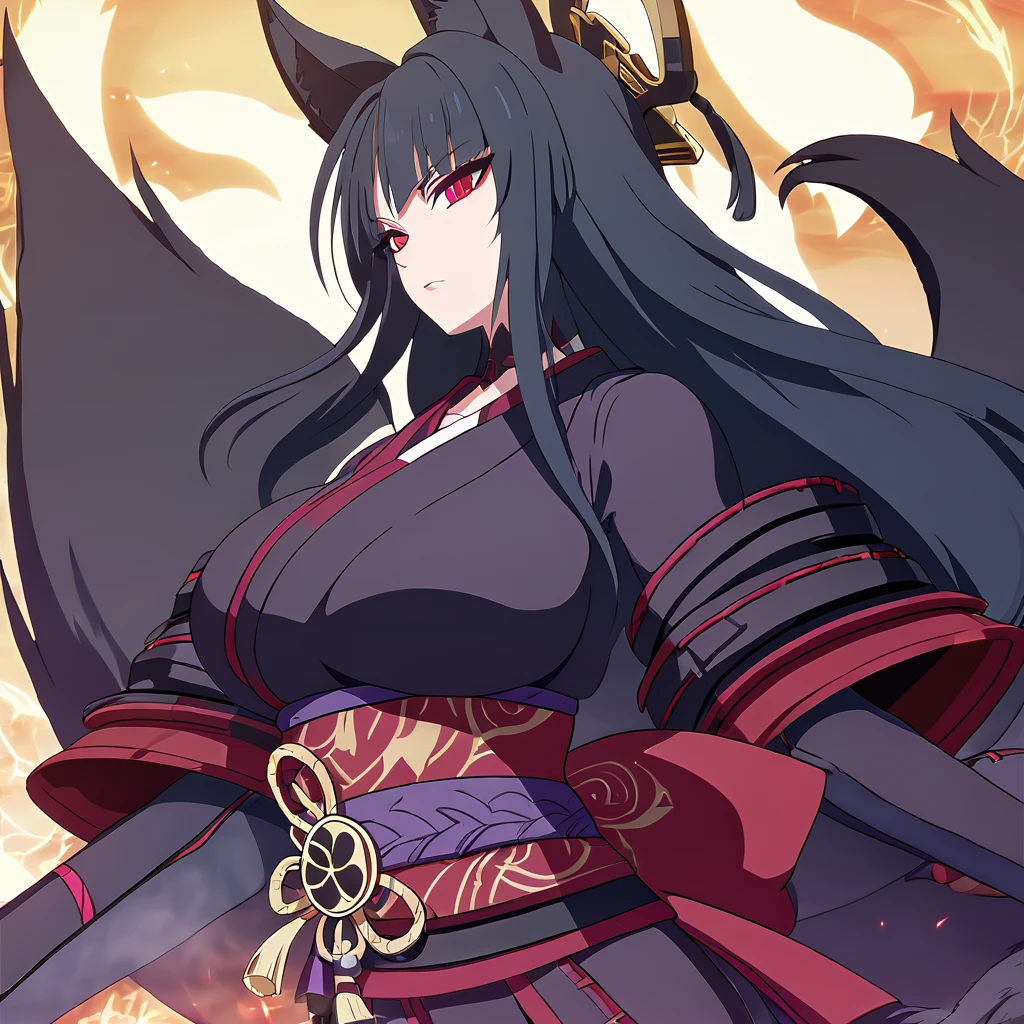 a beautiful detailed black kitsune girl, long black kitsune ears, multiple black kitsune tails, red and black Shogun armor, 8k, anime style, red eyes, big breasts, extremely detailed eyes and face, ultra-detailed, 4k, high quality, vibrant colors, long black hair, mature woman, wide waist