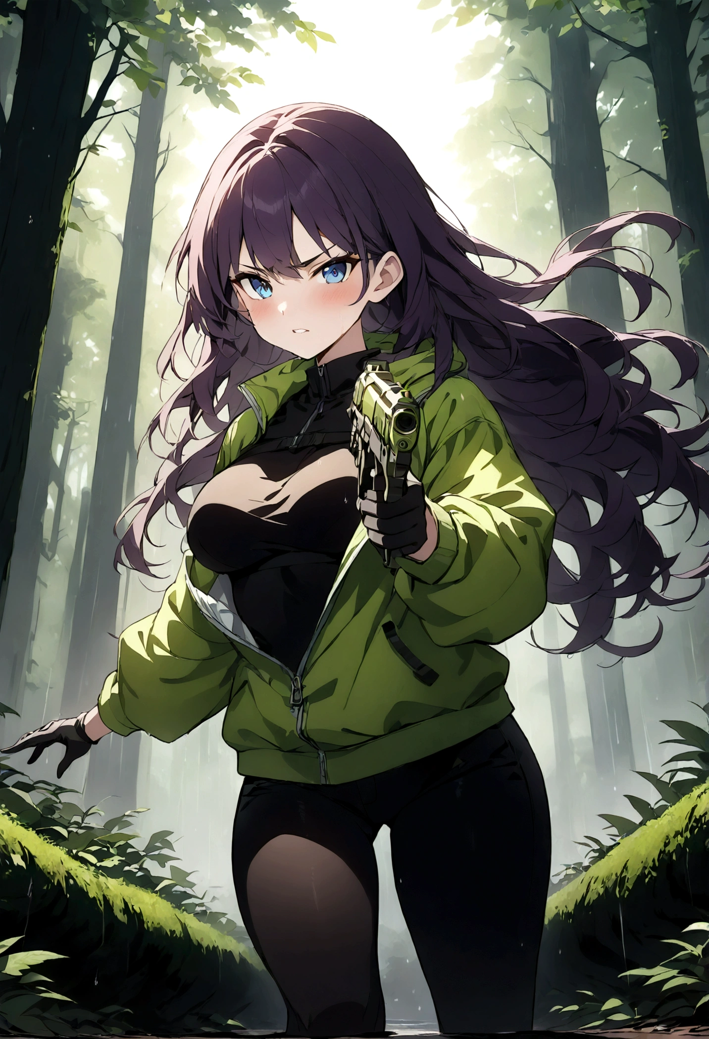 (masterpiece, best quality:1.2) best quality, girl design, portrait, anime image,22 years old, long hair, purple hair, angry and focused look, blue eyes, human ears, neon green windbreaker jacket, vampire teeth, black tank bra, black tight pants, black gloves, green gun , round thick giant breasts, ((medium breasts)), wet, soft rain, raining, in a forest, full body, anime style, blurry, masterpiece, highres