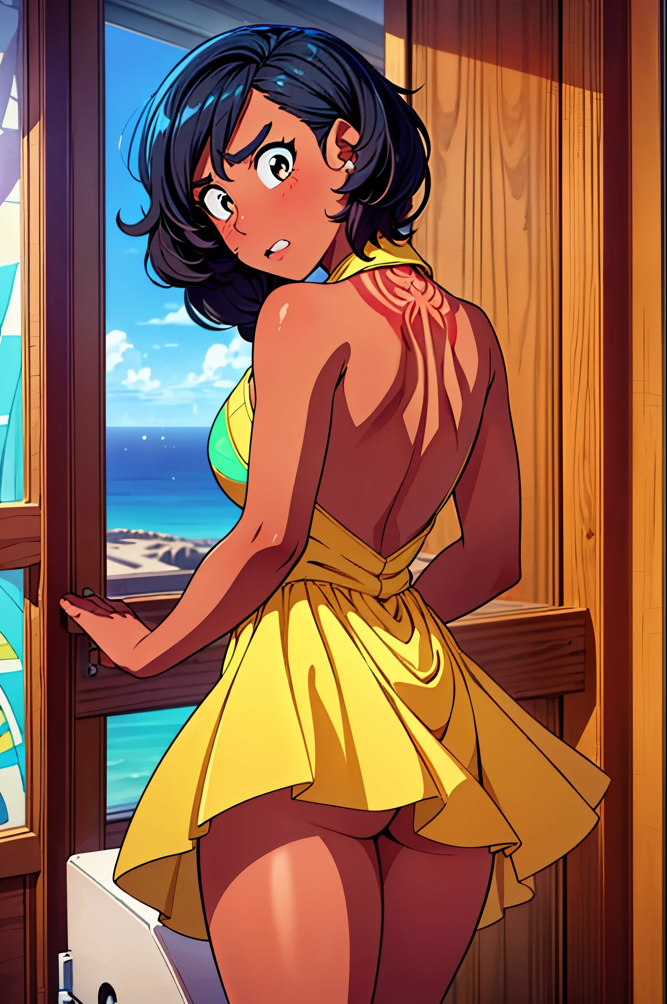 connie maheswaran age 25, ( extremely detailed CG, Mahagony-skinned female with dark Reddish-brown skin, black eyes, and phoenix back tattoo, wearing a full-body open back leotard, mini shorts with stars on the back pockets and a baret holding her black hair tight dragonbraid. strong , well-built, Perfect hourglass physique, amazing skin, strong oblong-shaped face, narrow convex hooked nose. strong, toned, wide heart hips,, biting lips enticingly, catching your eye, waving you closer to her). +( overlooking a coastal city with hands in her pockets,looking over her shoulder ,playful bottom hit) :+(view from behind, hd illustration, extreme long shot, rendered in Unreal Engine 5, hyper-realistic, , 128k, ultra - HD, intricate detail, super - res, webcomic animation, ink art, full-length portrait, wide-body shot, alluring aura and stare , ink art,Black ink,tattoo design outline, Lineart, brush art ,thin line animation, ultra-HD masterpiece, highest quality, highly detailed facial expressions,realistic expression, perfect piece, perfect prompt ,full length, best quality, intricately accurate facial and physical structure, intricately realistic expression and emotion, accurate colored complexion, accurate body anatomy, intricate bodypaint, complex hairstyles, intricate character detail, intricately expressive, intricate color design, complex emotions,)