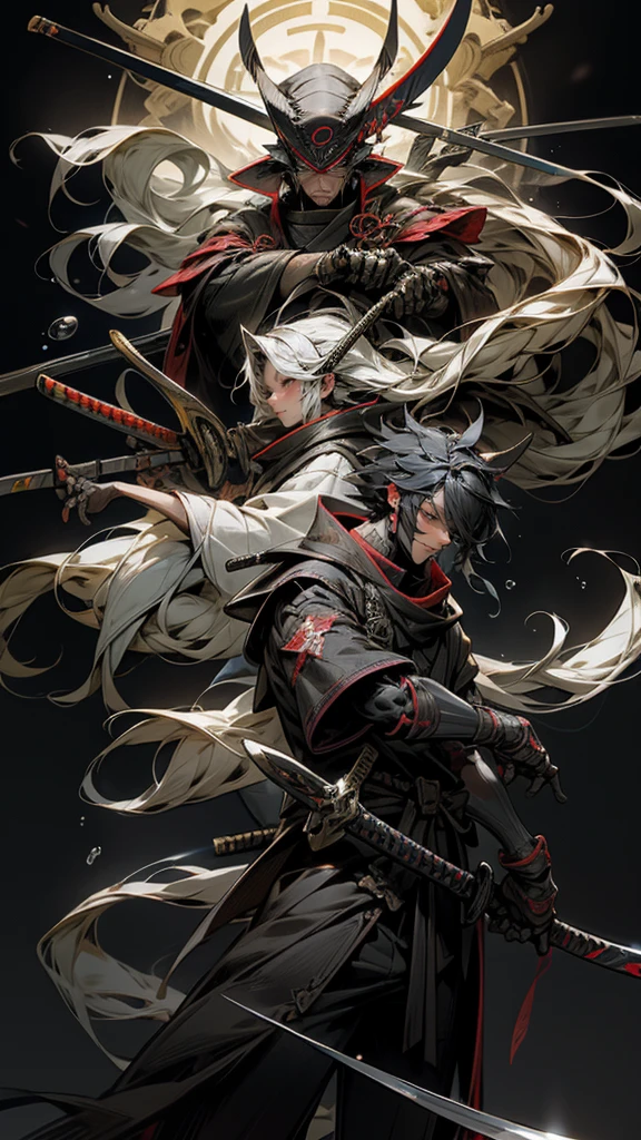 a person with super long platinum hair standing in a field with a rifle, a magic fishing rod weapon, many floating swords, a ninja with a water wave katana, sharp Final fantasy 14, awakened samurai, holding a scythe, a robot with fishing rod, giant scythe, dark ninja Shinobi wielding a naginata, wandering samurai man, playable cart, toad samurai, white mask.ta. sekiro.Tenchu.Ghost.Samurai shodown.onimusha.Tsushima.Damon blade.Detailed devil mask.