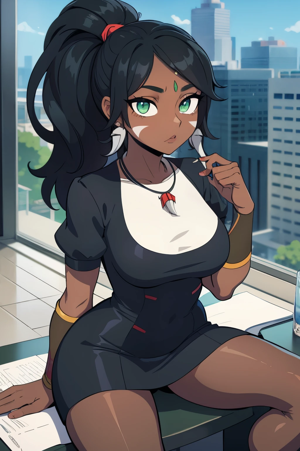 masterpiece, best quality, ultra-detailed, illustration, colorful, flat color, depth of field, 1girl, nidalee, anime, sitting, black hair, ponytail, green eyes, dark skin, fang necklace, white tribal marks, looking at viewer, at office, black business dress, pantyhose, black pantyhose, detailed skin texture, detailed cloth texture, beautiful detailed face