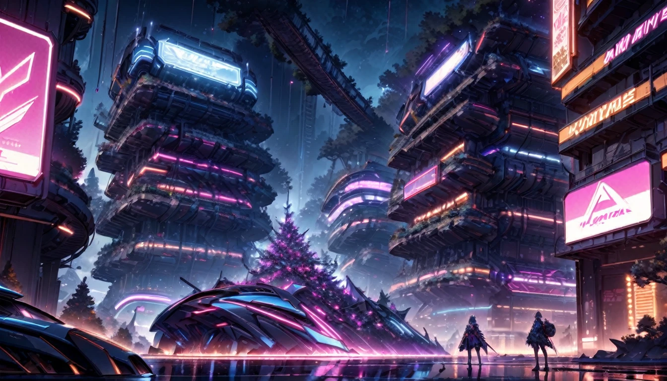  science fiction lanscape, tree made of metal, gigantic structure, nighttime, a lot of neon lights, mythical structure, grand metal tree, neon lights instead of leafes, fantasy, high techa, perspective, atmospheric perspective, wide shot, highres, 8k, best quality, award winning, super detail, accurate, masterpiece, UHD