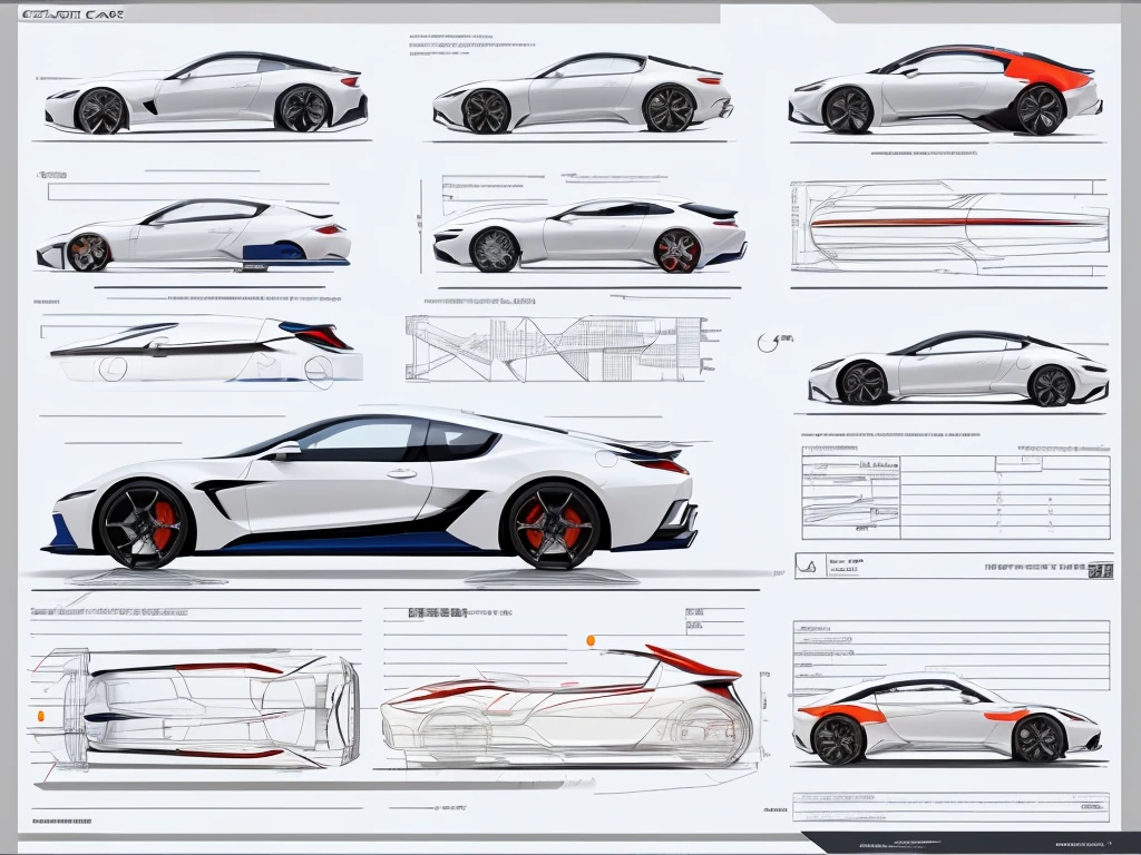 future car design sheet page scan, informative graphs, concept sheet illustration, make it on white sheet, minimalism