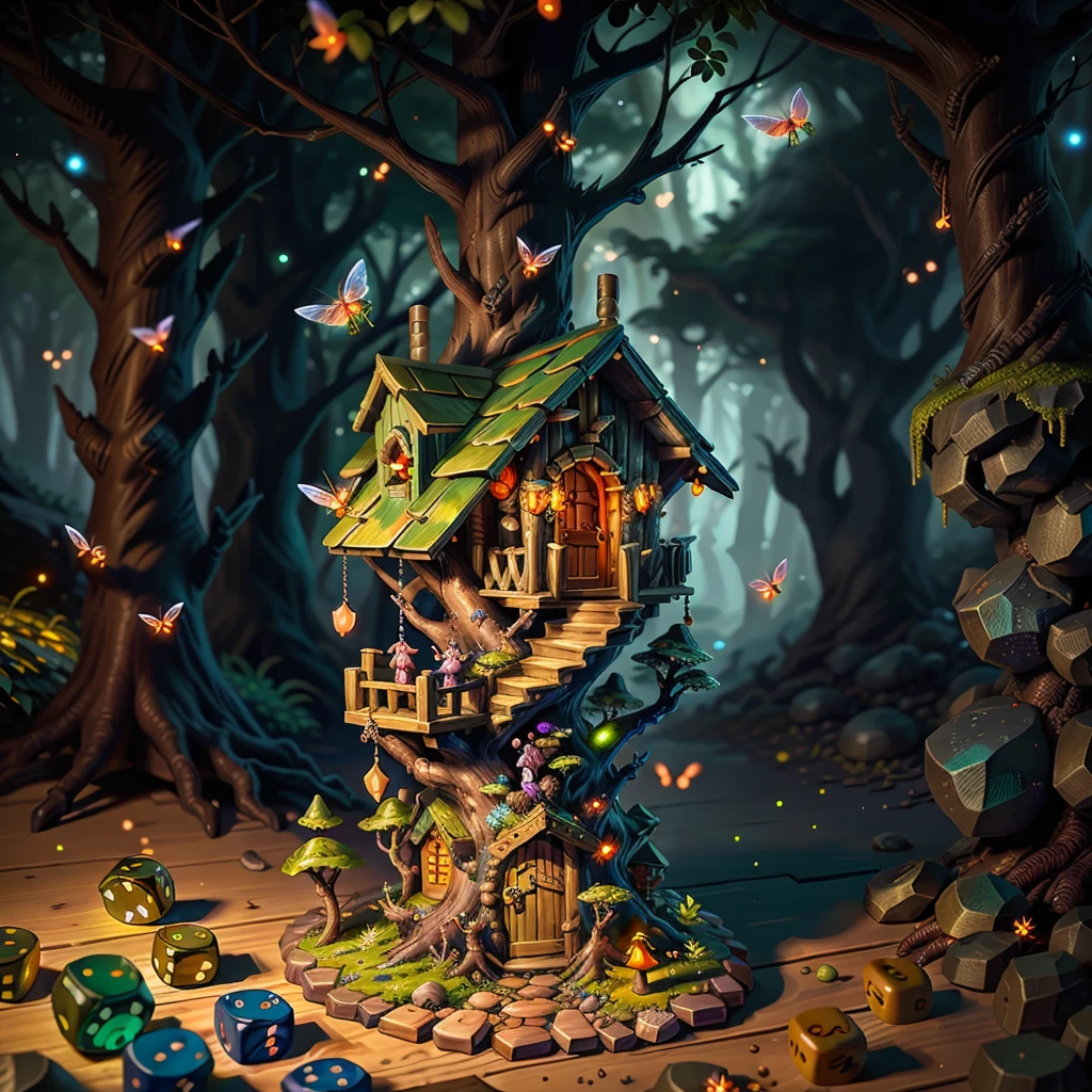 most beautiful dice tower, made of stones and wood, dice tower design, cute miniature style, (forest fireflies fantasy fairy house), (midnight), (Irregular), (mysterious), dreamy, disney, vector, ultra detailed, extremely realistic, dungeons and dragons, OverallDetailXL