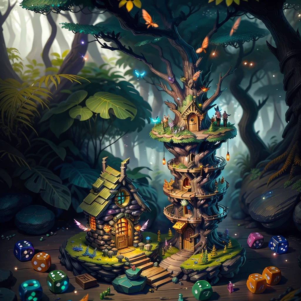 most beautiful dice tower, made of stones and wood, dice tower design, cute miniature style, (forest fireflies fantasy fairy house), (midnight), (Irregular), (mysterious), dreamy, disney, vector, ultra detailed, extremely realistic, dungeons and dragons, OverallDetailXL