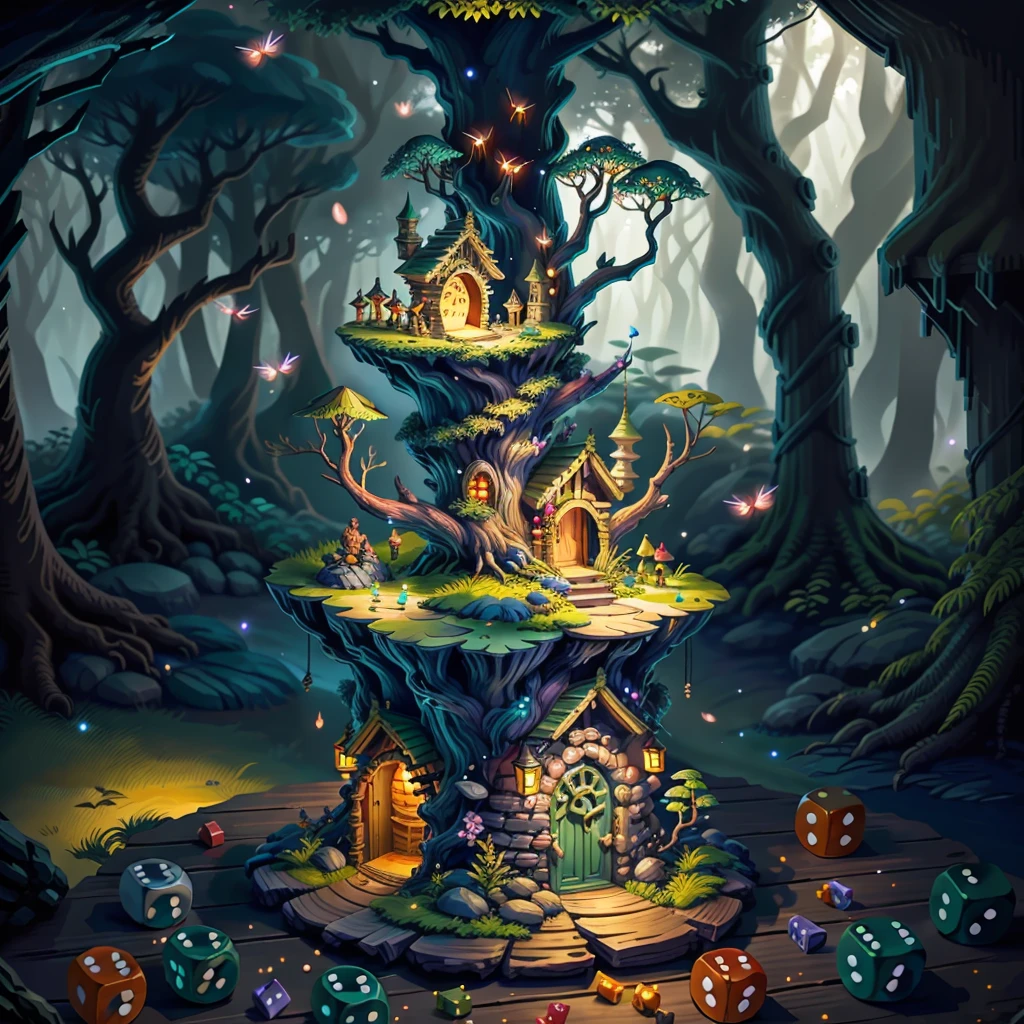 most beautiful dice tower, made of stones and wood, dice tower design, cute miniature style, (forest fireflies fantasy fairy house), (midnight), (Irregular), (mysterious), dreamy, disney, vector, ultra detailed, extremely realistic, dungeons and dragons, OverallDetailXL