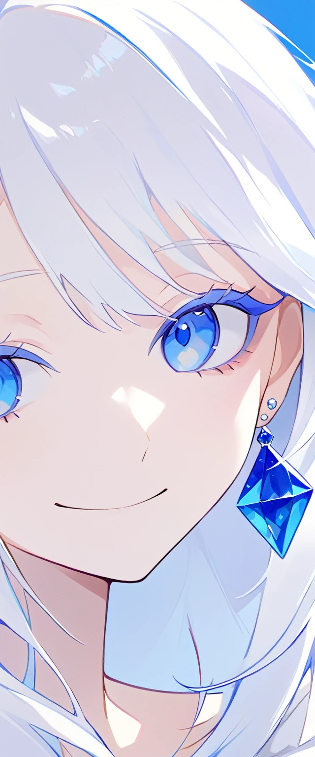 The Minimalists,Fashion Girl,white hair,Blue Background,Wear special earrings,Bohemian style,Clear lashes,full of bright blue eyes,Clean通透的眼珠,close up,Portrait facing camera,Smile flat illustration,geometry,Clean,Japanese Manga