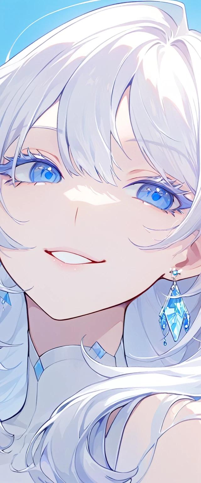 The Minimalists，Fashion Girl，white hair，Blue Background，Wear special earrings，Bohemian style，Clear lashes，full of bright blue eyes，Clean通透的眼珠，close up，Portrait facing camera，Smile flat illustration，geometry，Clean，Japanese Manga