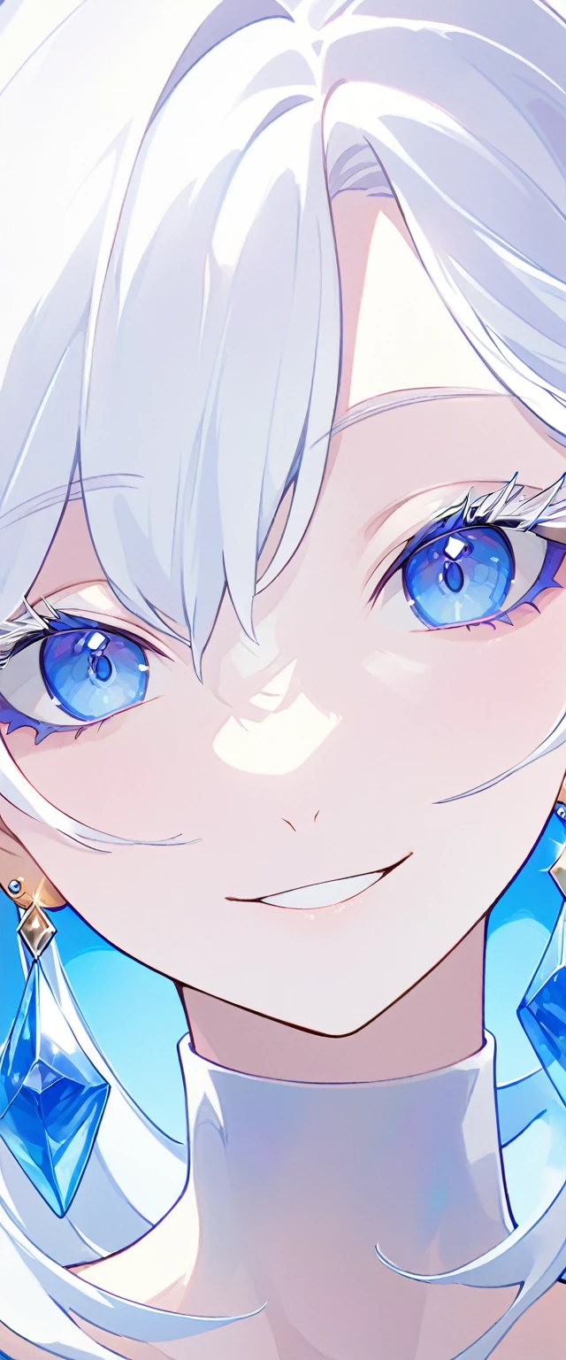 The Minimalists，Fashion Girl，white hair，Blue Background，Wear special earrings，Bohemian style，Clear lashes，full of bright blue eyes，Clean通透的眼珠，close up，Portrait facing camera，Smile flat illustration，geometry，Clean，Japanese Manga