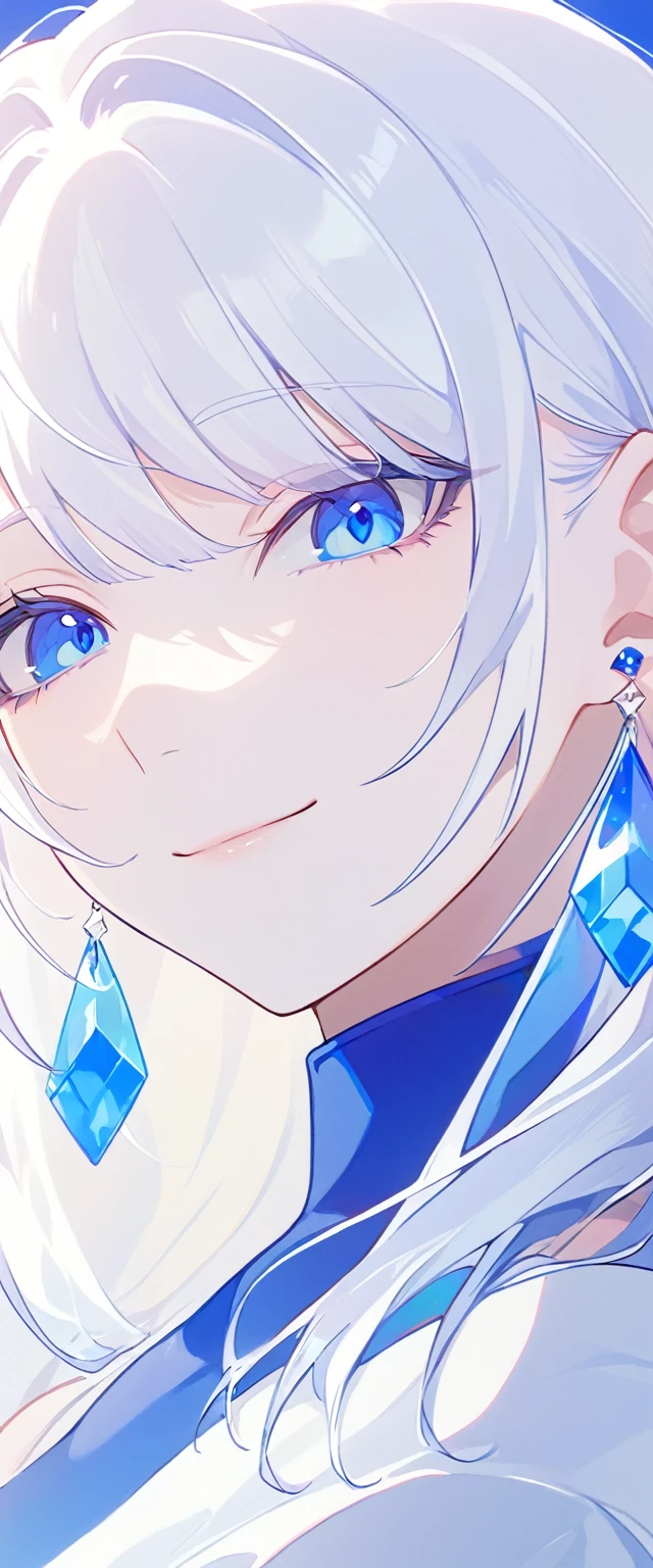 The Minimalists,Fashion Girl,white hair,Blue Background,Wear special earrings,Bohemian style,Clear lashes,full of bright blue eyes,Clean通透的眼珠,close up,Portrait facing camera,Smile flat illustration,geometry,Clean,Japanese Manga