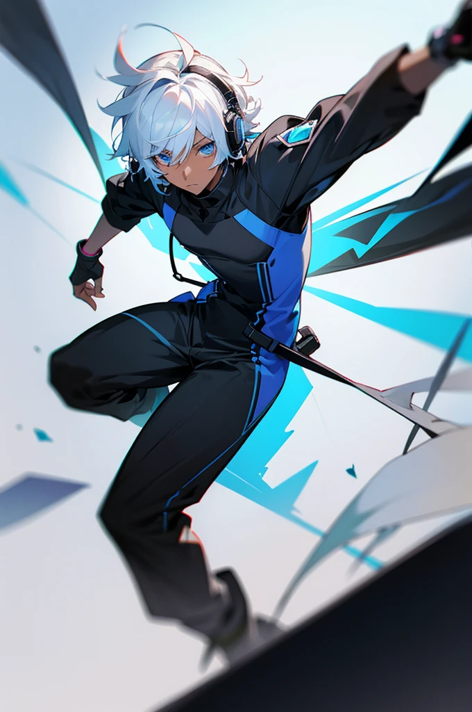 Young adult, Male, white hair, blue Eyes, African American Dark skin color, black jumpsuit, headphones, Trion Body, Armed.