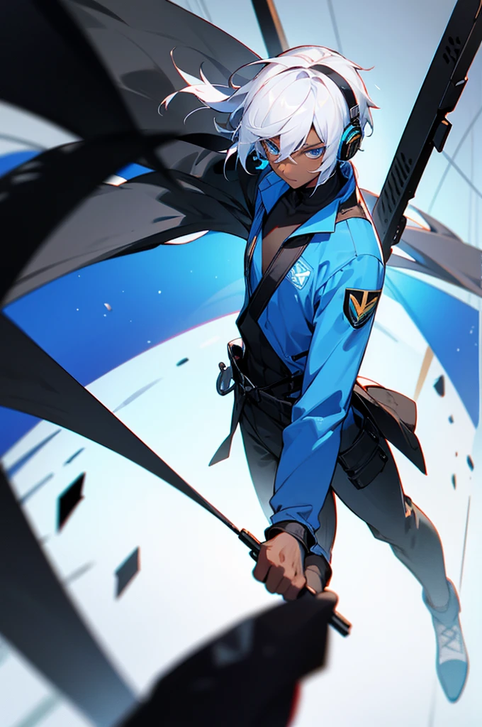 Young adult, Male, white hair, blue Eyes, African American Dark skin color, black jumpsuit, headphones, Trion Body, Armed.