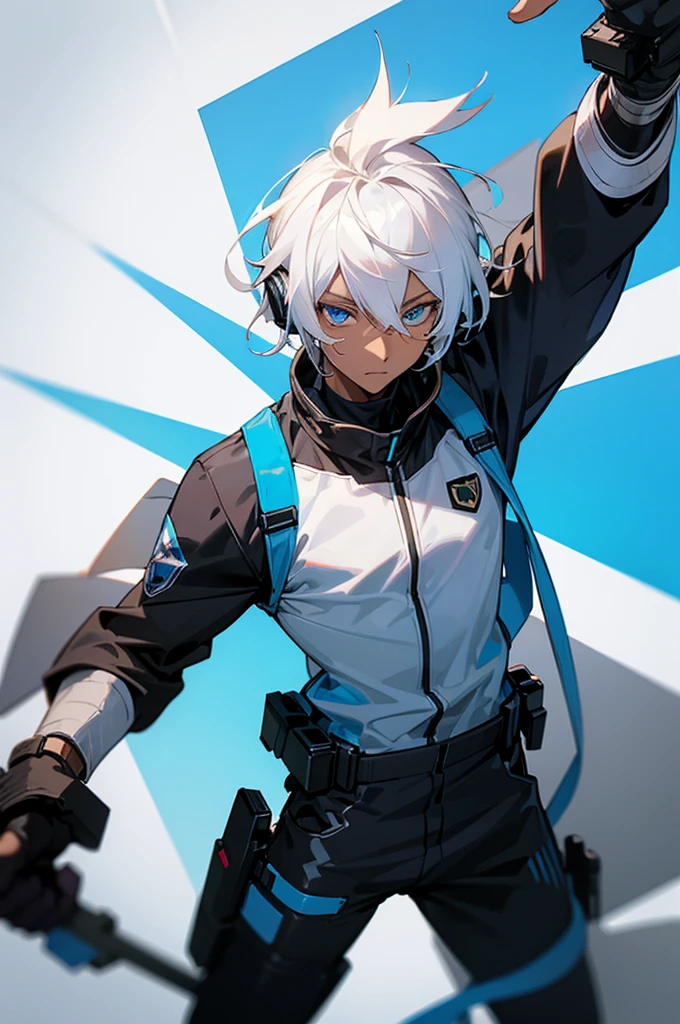 Young adult, Male, white hair, blue Eyes, African American Dark skin color, black jumpsuit, headphones, Trion Body, Armed.