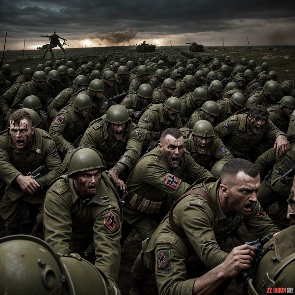 Apocalypse de zombie nazis, 1 homme, courageux, fights against an army of zombies, in the trenches, an aerial battle in the dark skies of the apocalypse, zombies dressed as Nazi soldiers of all ranks, the man armed with his m60, sur son panzer (char dassault) facing the unleashed army of zombies,