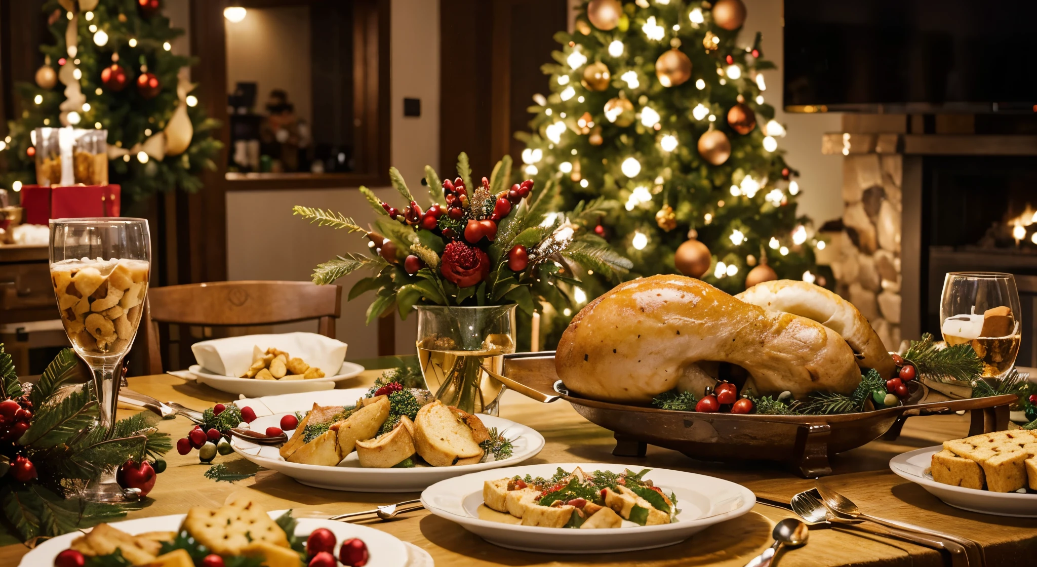 Christmas Dinner table full of dishes with food and snacks, New Year's decor with a Christmas tree on the background.