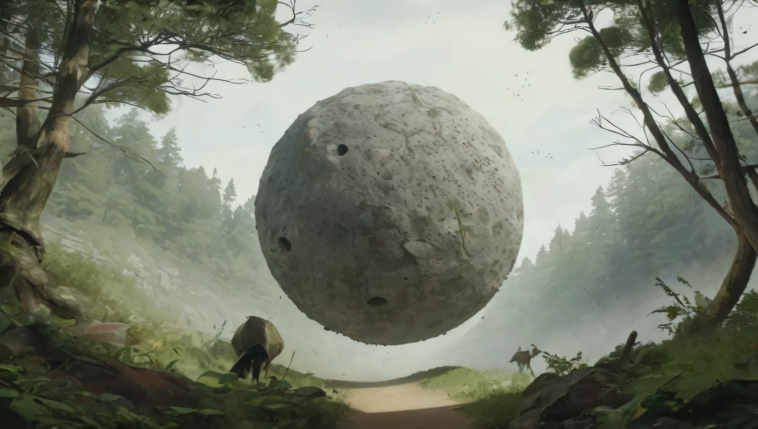 Illustration of a big round rock blocking a mountain path、forest