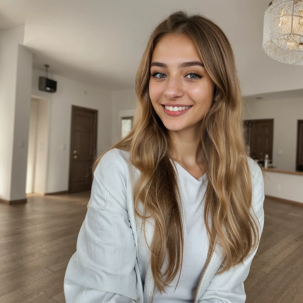 one cute women, 22YO, white, Arab, cute face, realistic brown eyes, blue jacket, blonde/brown hair, cute smile, skinny face, white realistic teethes, big eyes, long hair