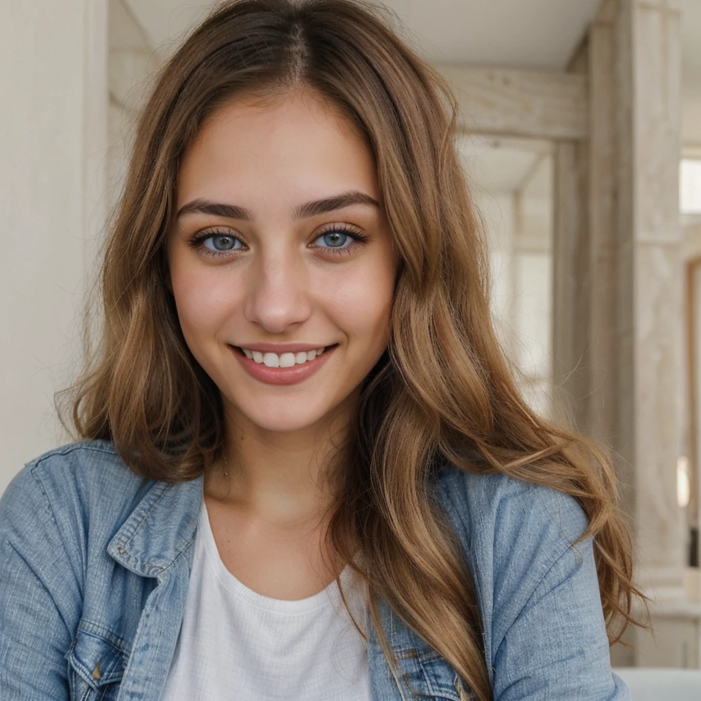 one cute women, 22YO, white, Arab, cute face, realistic brown eyes, blue jacket, blonde/brown hair, cute smile, skinny face, white realistic teethes, big eyes, long hair