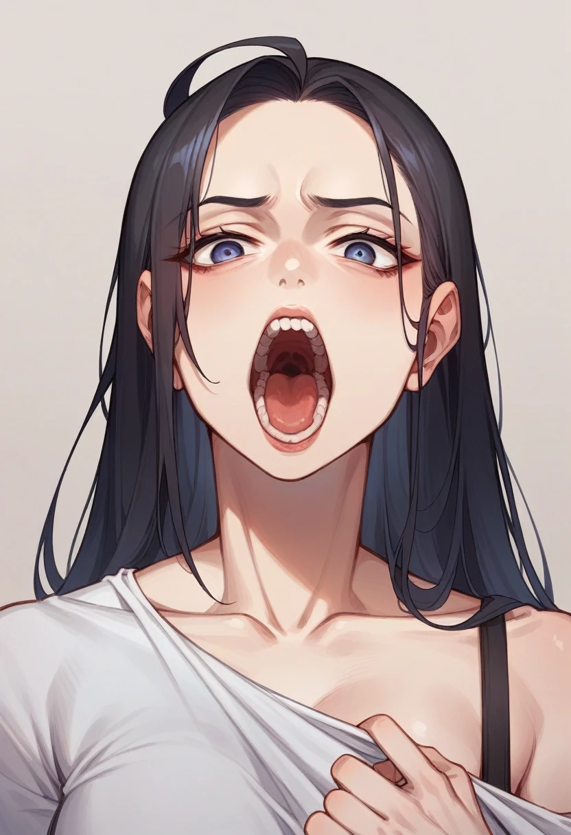 Cold Stare。Beautiful Western Woman。 Tabletop。 One shoulder is forward。 Angle view。 Screaming mouth。 sexy。 Oblique angle。Realistic。 The shading is solid。 Carly。Long Hair。Realistic。Cigarette in hand。 very beautiful。 Superrealism