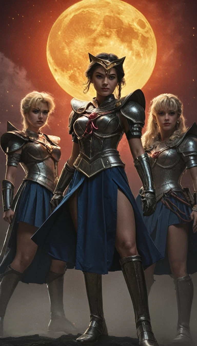 a group of female sailors devils, illustrated movie poster, hand-drawn, full color, (best quality,4k,8k,highres,masterpiece:1.2),ultra-detailed,(realistic,photorealistic,photo-realistic:1.37),fantasy art, dark fantasy, dramatic lighting, highly detailed, striking poses, intricate armor and clothing, glowing eyes,atmospheric background, dramatic color palette, sailor moon, sailor senshin