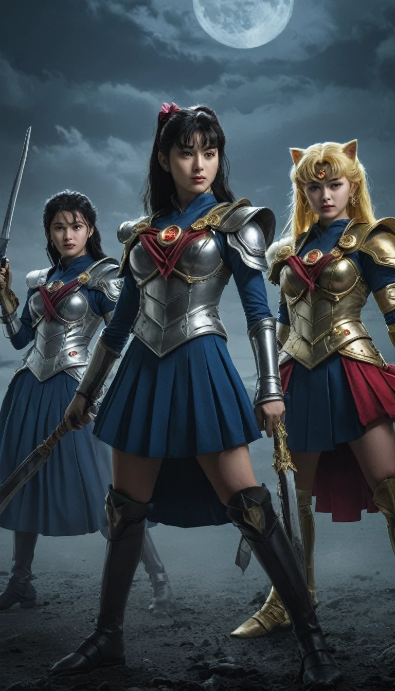 a group of female sailors devils, illustrated movie poster, hand-drawn, full color, (best quality,4k,8k,highres,masterpiece:1.2),ultra-detailed,(realistic,photorealistic,photo-realistic:1.37),fantasy art, dark fantasy, dramatic lighting, highly detailed, striking poses, intricate armor and clothing, glowing eyes,atmospheric background, dramatic color palette, sailor moon, sailor senshin