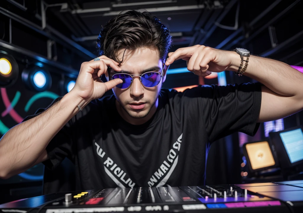 Homem, Dj de 25 anos, com fone de ouvido grande, oculos grandes, colocando som em uma festa rave, ultrarealista