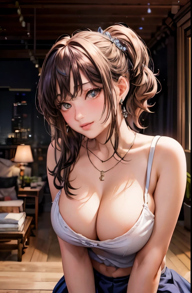 messy hairstyle, 25 years old, , cleavuttoned , skirt, standing, coy smile, parted lips, (blushing:1.3), looking invitingly at the viewer, facing the viewer, livingroom background, leaning forward on table, (pov), glowing eyes, necklace, earrings, nsfw,