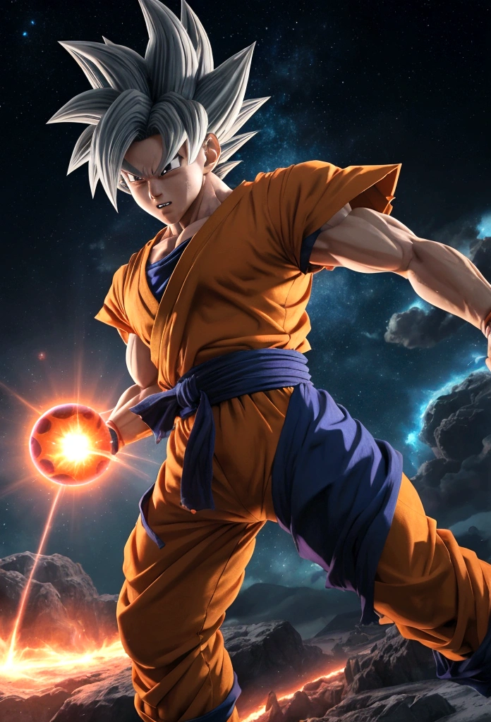 Create an ultra-realistic 3D anime style image of Goku from Dragon Ball Super in his true form, performing his full power energy ball Kamehameha in his Mastered Ultra Instinct (MUI) form. The image should be dynamic and capture the intense energy and power.