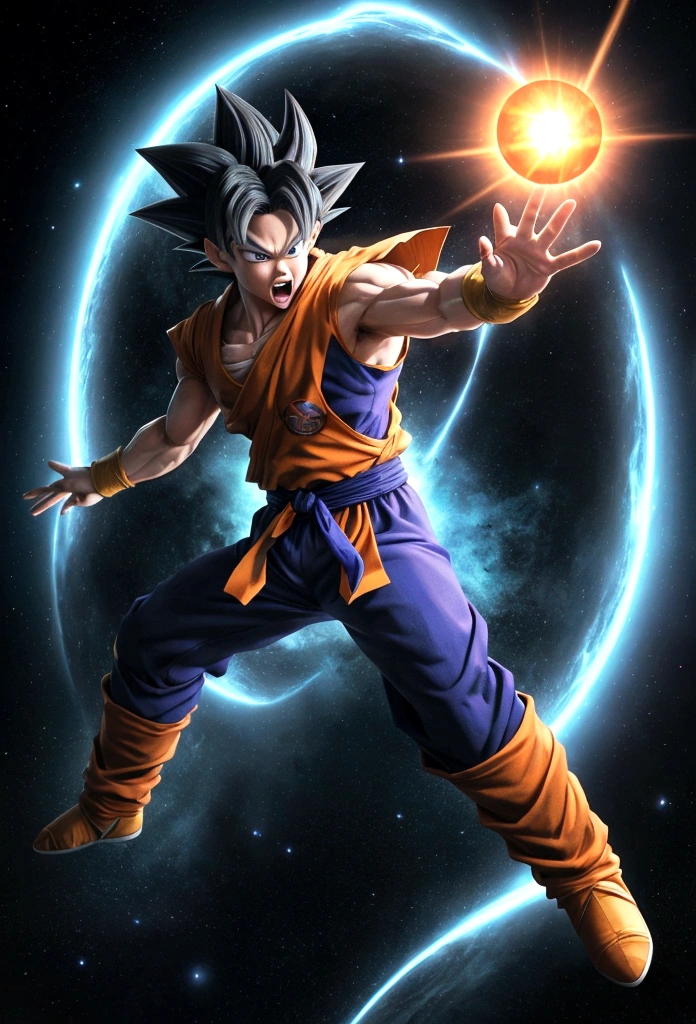 Create an ultra-realistic 3D anime style image of Goku from Dragon Ball Super in his true form, performing his full power energy ball Kamehameha in his Mastered Ultra Instinct (MUI) form. The image should be dynamic and capture the intense energy and power.
