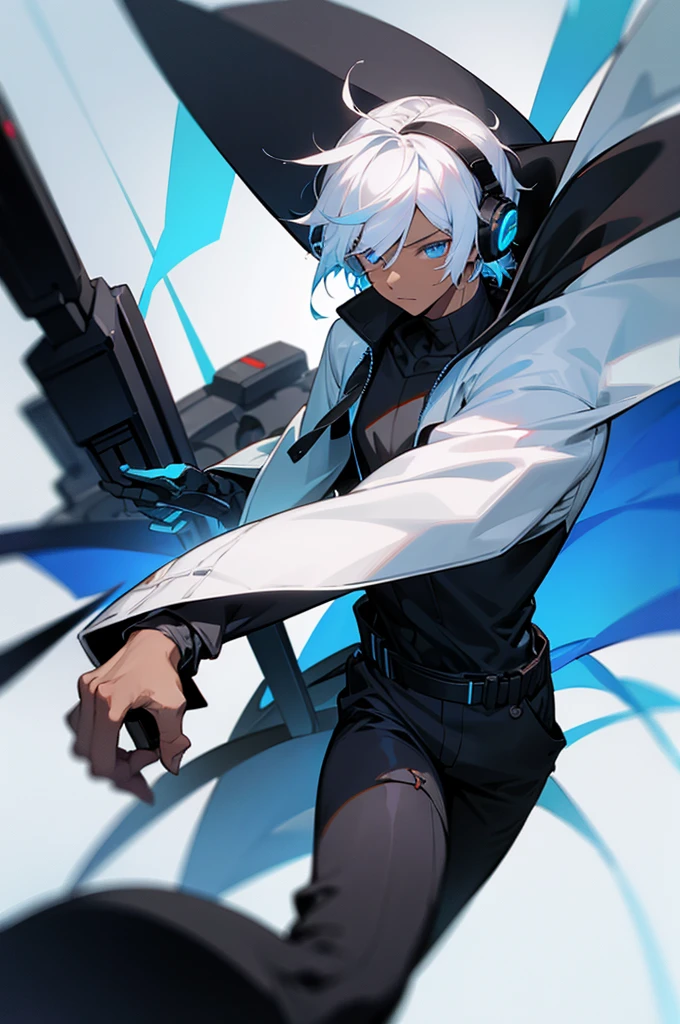 Young adult, Male, white hair, blue Eyes, African American Dark skin color, black jumpsuit, headphones, Trion Body, Armed.