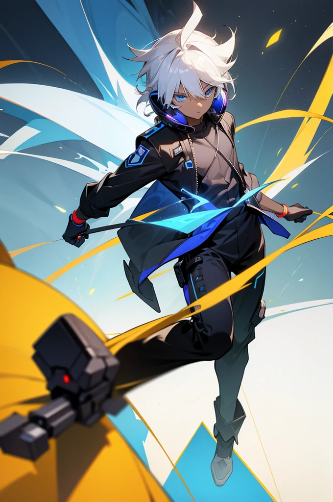  adult, Male, white hair, blue Eyes, African American Dark skin color, black jumpsuit, headphones, Trion Body, Armed.