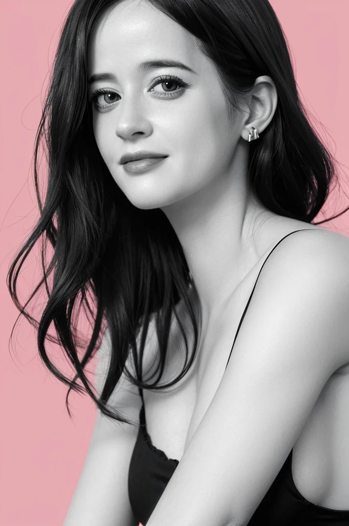 ((Manga illustration)), ((eva green)) close up portrait ,solo , medium short hair, looking at viewer, blush , smile , happy , red lipstick,close up portrait, solo, focus on eyes, plain background, (in vector style), ((monochrome Manga drawing))