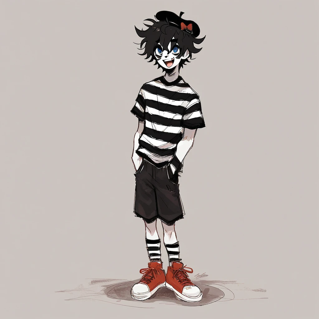 boy mime, shirt grunge, sketchy lines, messy hair, black hair, wearing a beret, score_8_up, score_9_up,happy, has mime makeup on, wearing a mime outfit, dark blue eyes, performing on the streets of paris, miming, showing full body, on a city street, solo, alone, (SOLO)(ALONE) Dancing