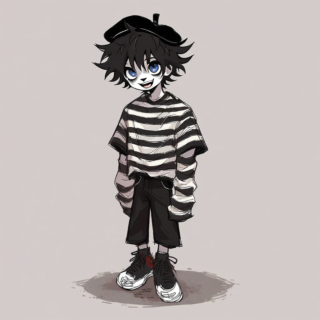 boy mime, shirt grunge, sketchy lines, messy hair, black hair, wearing a beret, score_8_up, score_9_up,happy, has mime makeup on, wearing a mime outfit, dark blue eyes, performing on the streets of paris, miming, showing full body, on a city street, solo, alone, (SOLO)(ALONE) Dancing
