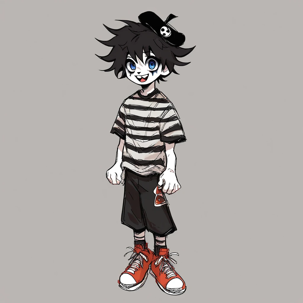 boy mime, shirt grunge, sketchy lines, messy hair, black hair, wearing a beret, score_8_up, score_9_up,happy, has mime makeup on, wearing a mime outfit, dark blue eyes, performing on the streets of paris, miming, showing full body, on a city street, solo, alone, (SOLO)(ALONE) Dancing